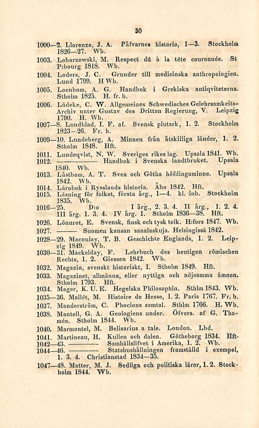 30 1000 2. Llorenzo, J. A. Påfvarnes historia, I 3. Stockholm 1826 27. Wb. 1003. Lobarzewski, M. Respect dii a la tete couronnee. St P:bourg 1818. Wb. 1004. Loders, J. C.