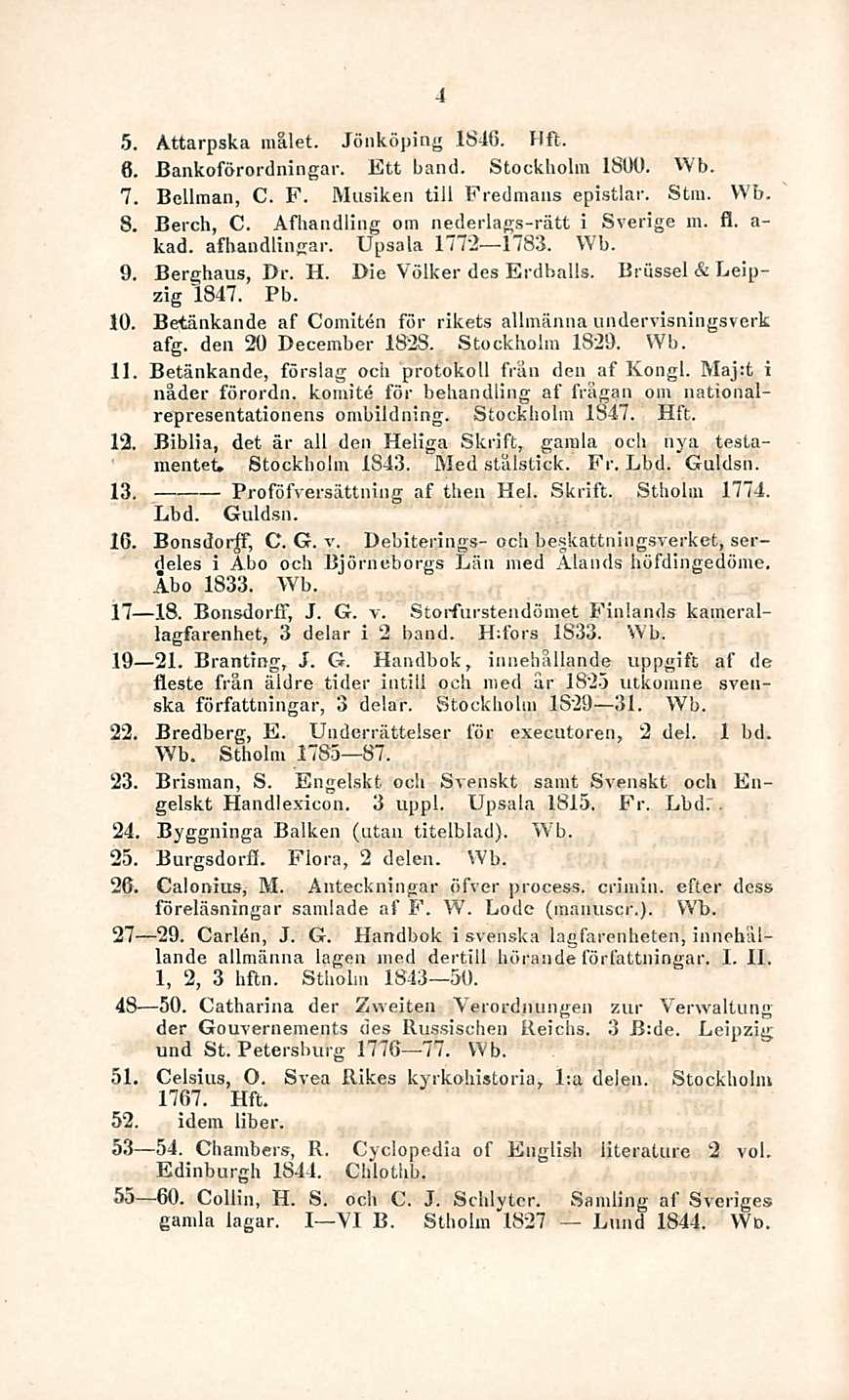 4 5. Attarpska målet. Jönköping 1846. Hft. 6. Bankoförordningar. Ett band. Stockholm 1800. Wb, 7. Bellman, C. F. Musiken tili Fredmans epistlar. Stm. Wb. 8. Berch, C.
