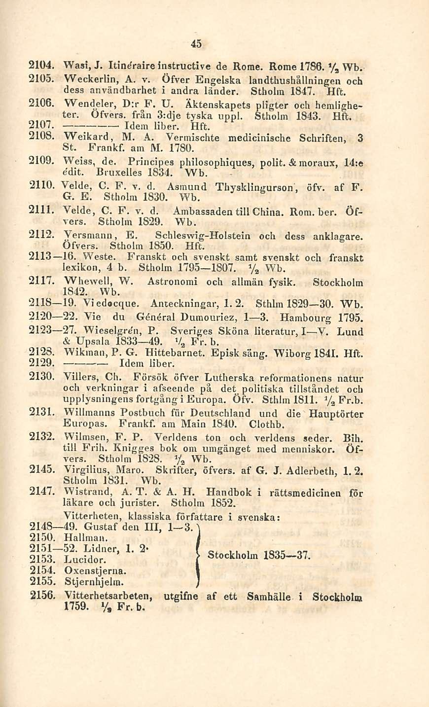 45 2104. Wasi, J. Itineraire instructive de Home. Rome 1786. Wb. 2105. Weckerlin, A. v. Öfver Engelska landthushällningen och dess användbarhet i andra länder. Stholm 1847. Hft. 2106. Wendeler, D:r F.