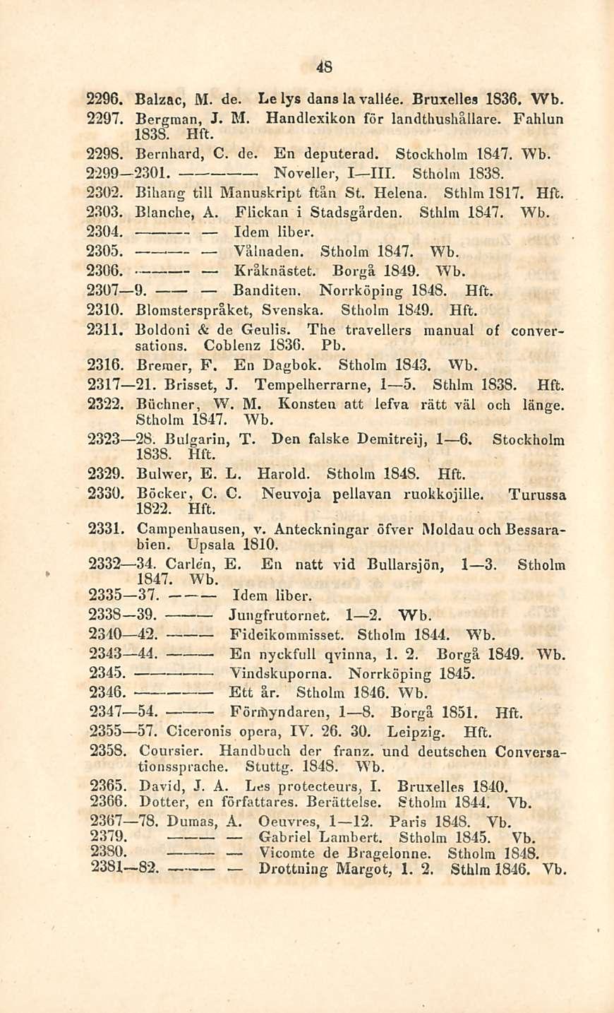 48 2296. Balzac, M. de. Le lys (lana la vallöe. Bruxelles 1836. Wb. 2297. Bergman, J. M. 1838. Hft. Handlexikon för landthushållare. Fabian 2298. Bernhard, C. de. En deputerad. Stockholm 1847. Wb. 2299 2301.