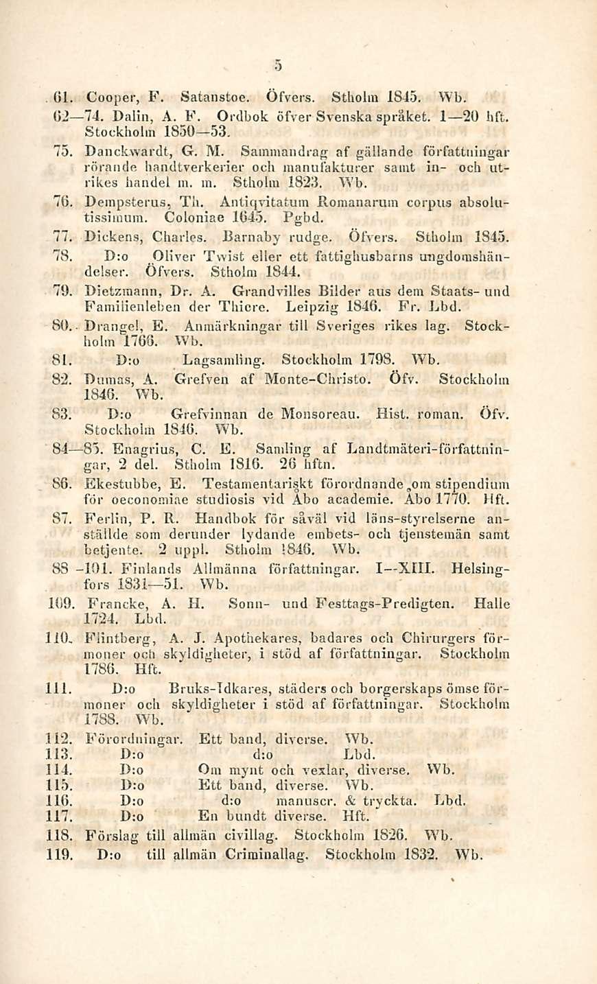 5 (il. Cooper, F. Satanstoe. Öfvers. Stholm 1845. Wb. (il 74. Dalin, A. F. Ordbok öfver Svenska spräket. I 2o hft. Stockholm 1850 53, 75. Danckwardt, G. M.