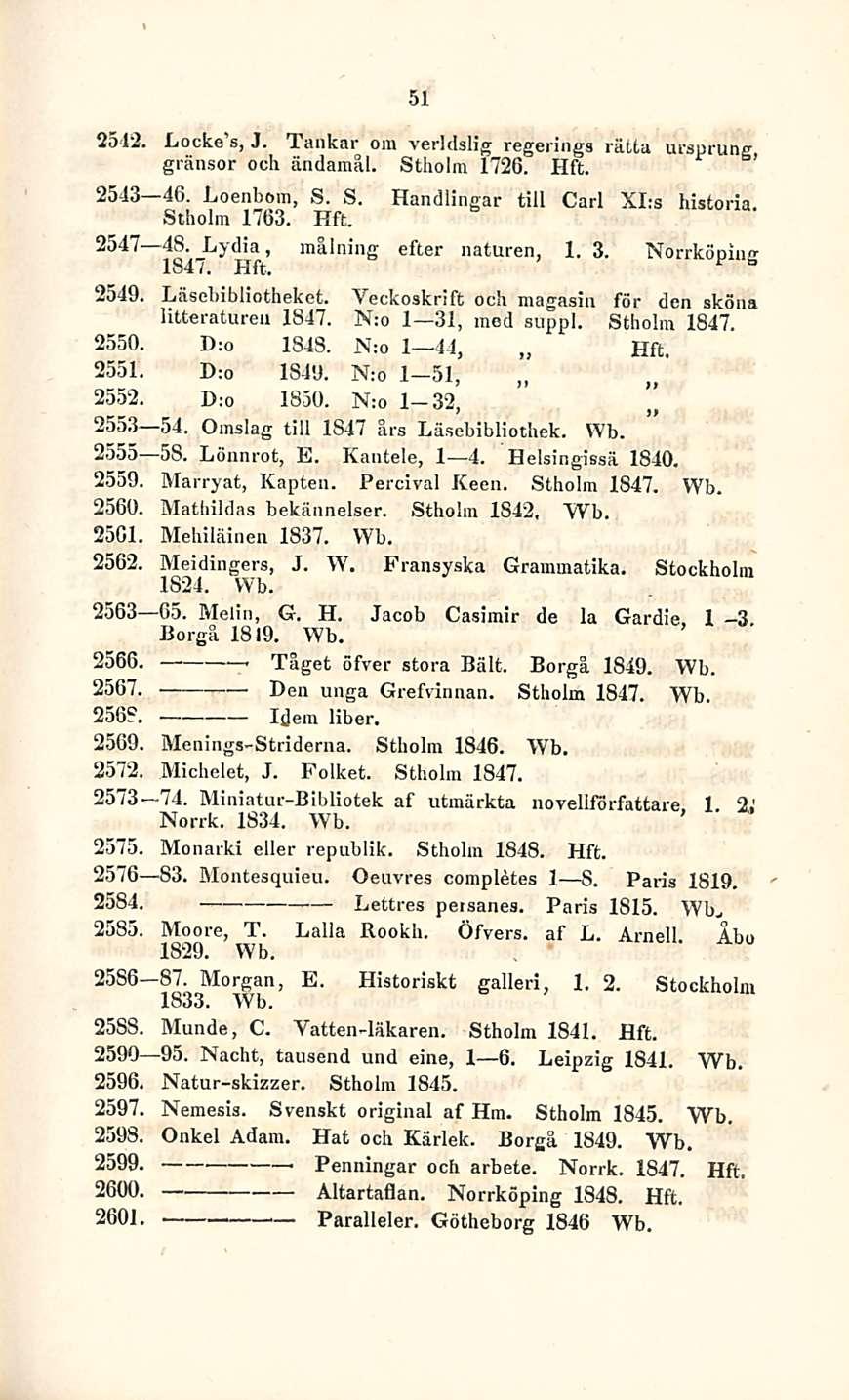 Paralleler. 51 2542. Locke s, J. Tankar oiu verldslig regeringa rätta ursprung gränsor och ändamal. Stholm 1726. Hft. 2543 46. Loenbom, S. S. Handlingar tili Carl Xl:s historia Stholm 1763. Hft. 2547 48.