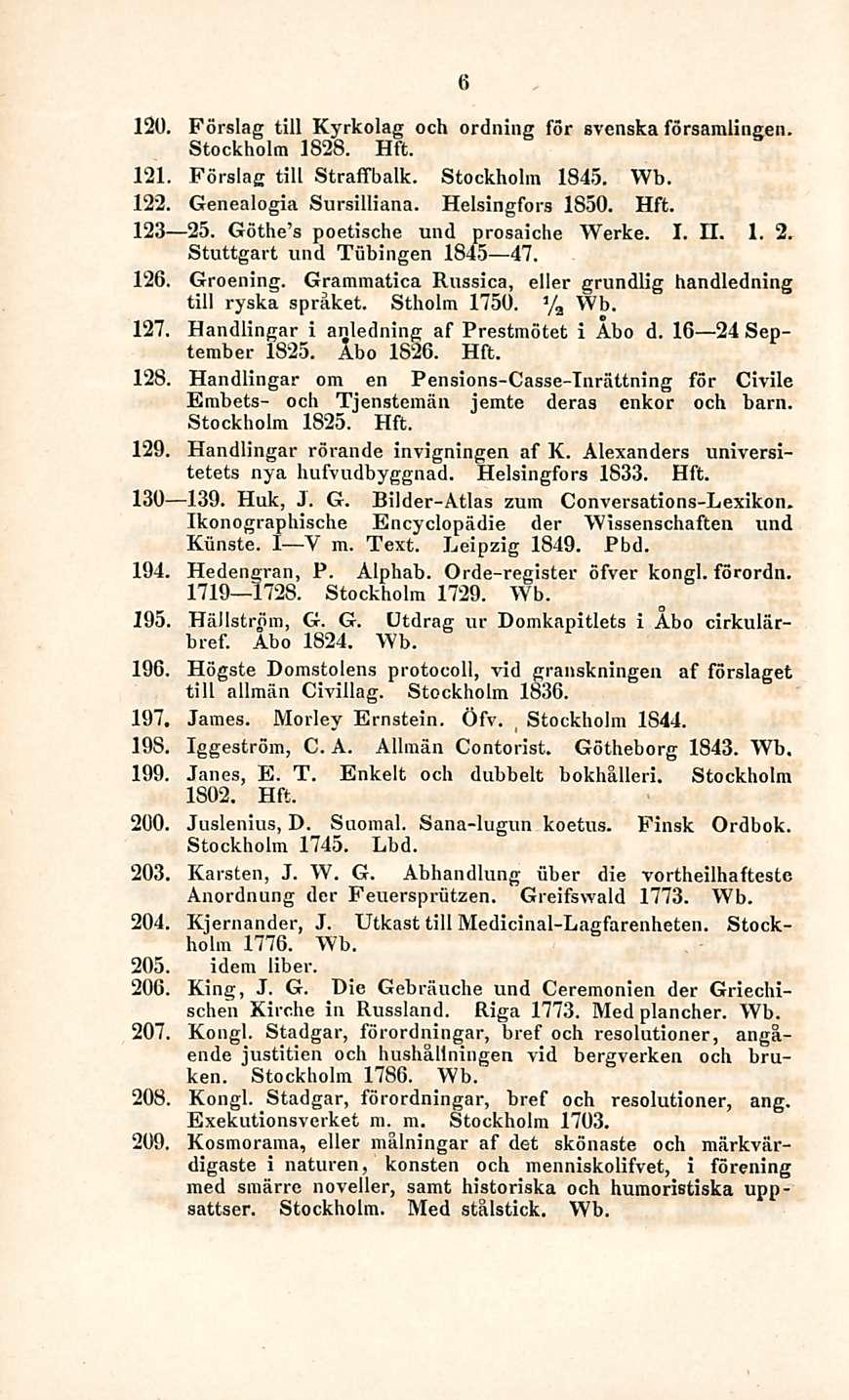 6 120. Förslag tili Kyrkolag och ordning för svenska församlingen. Stockholm 1828. Hft. 121. Förslag tili Straffbalk. Stockholm 1845. Wb. 122. Genealogia Sursilliana. Helsingfors 1850. Hft. 123 25.