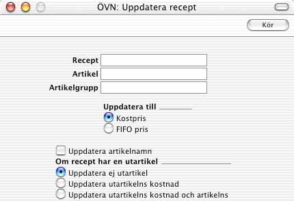 Kapitel 3: Produktion - Underhåll - Uppdatera recept Recept Klistra in Special Registret Recept, modulen Produktion Intervall Alfanumeriskt För att uppdatera kostnaden i specifika recept, ange en