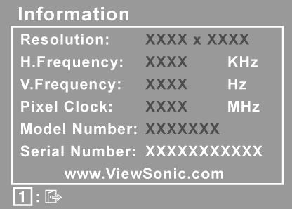 Kontroll Beskrivning Information visar synkroniseringsläget (videosignalingång) som kommer från datorns grafikkort, LCD-modellnumret, serienumret och ViewSonic URLadress på Internet.