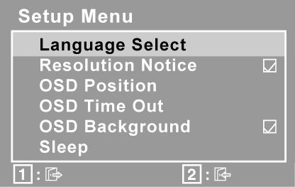 Kontroll Beskrivning Setup Menu (inställningsmenyn) visar följande meny. Language Select (Språk) gör det möjligt för dig att välja vilket språk som används i menyer och kontrollskärmar.