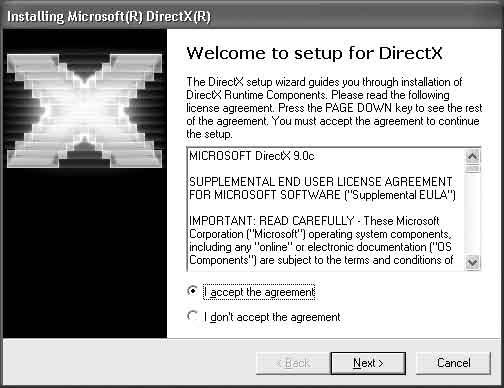 13 Om fönstret [Installing Microsoft (R) DirectX(R)] visas, installerar du DirectX 9.