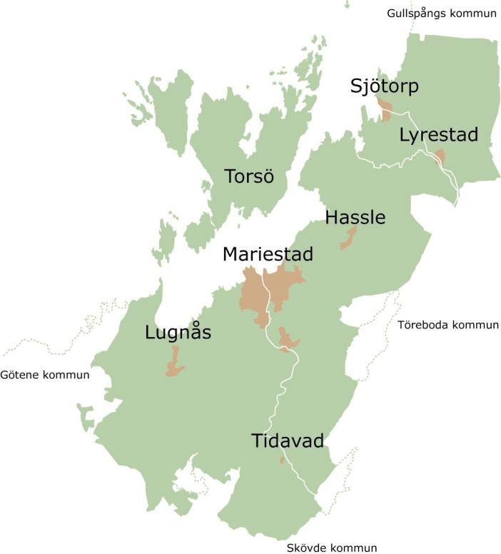 1 Mariestads kommun 1.1 Geografi och folkmängd Mariestads kommun ligger vid Tidans utlopp i sydöst om Vänern. I kommunen bor ca 24 000 invånare, av dessa bor ca 16 000 i tätorten och dess närområde.