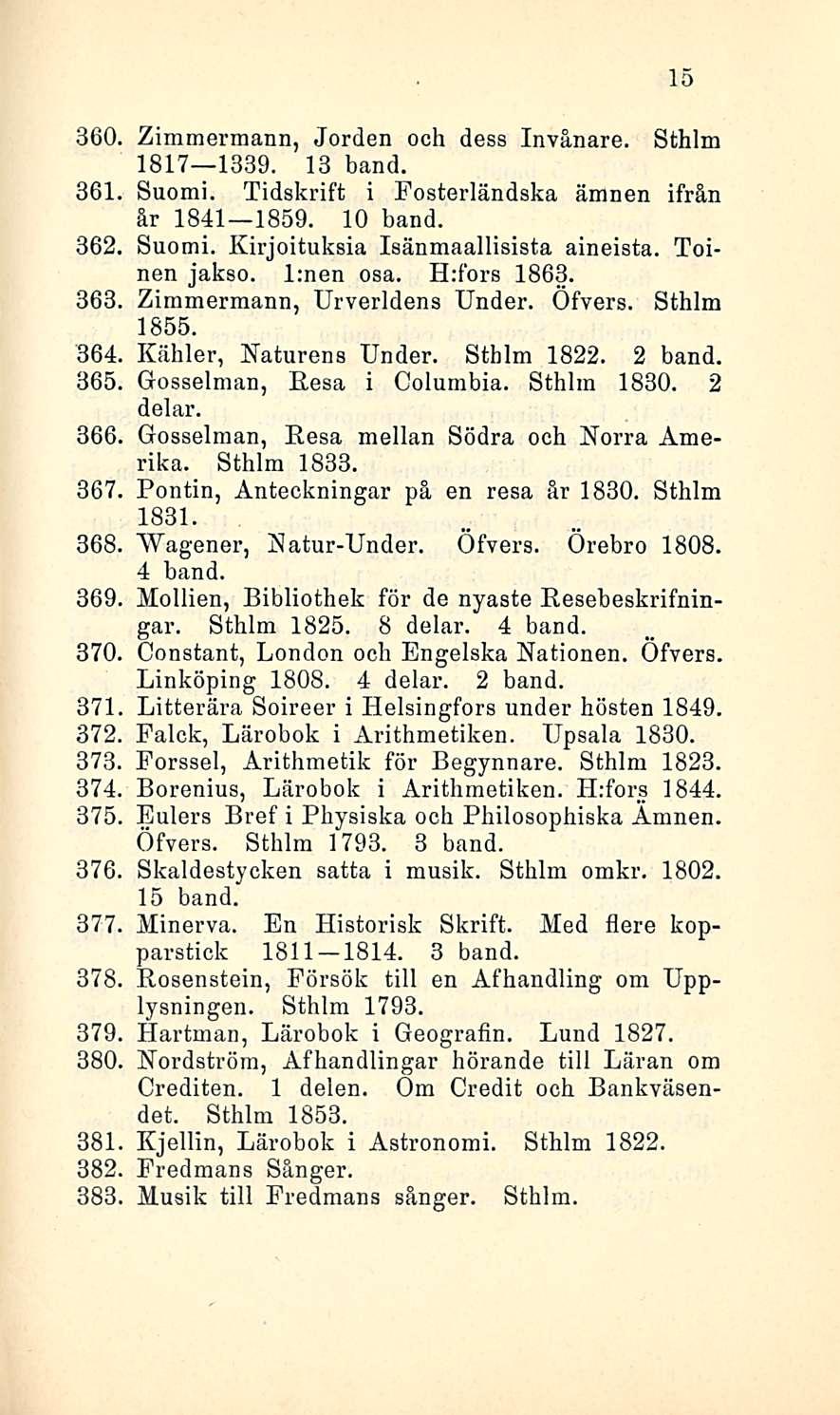 15 360, Zimmermann, Jorden och dess Invånare. Sthlm 1817 1339. 13 band. 361 Suomi. Tidskrift i Fosterländska ämuen ifrån år 1841 1859. 10 band. 362, Suomi. Kirjoituksia Isänmaallisista aineista.