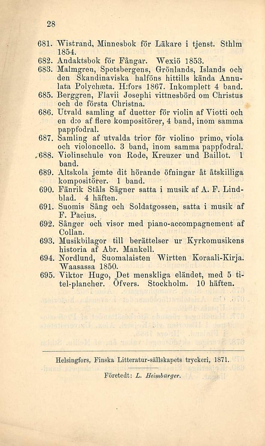 28 681. Wistrand, Minnesbok för Läkare i tjenst. Sthlm 1854. 682. Åndaktsbok för Fångar. Wexiö 1853. 683.