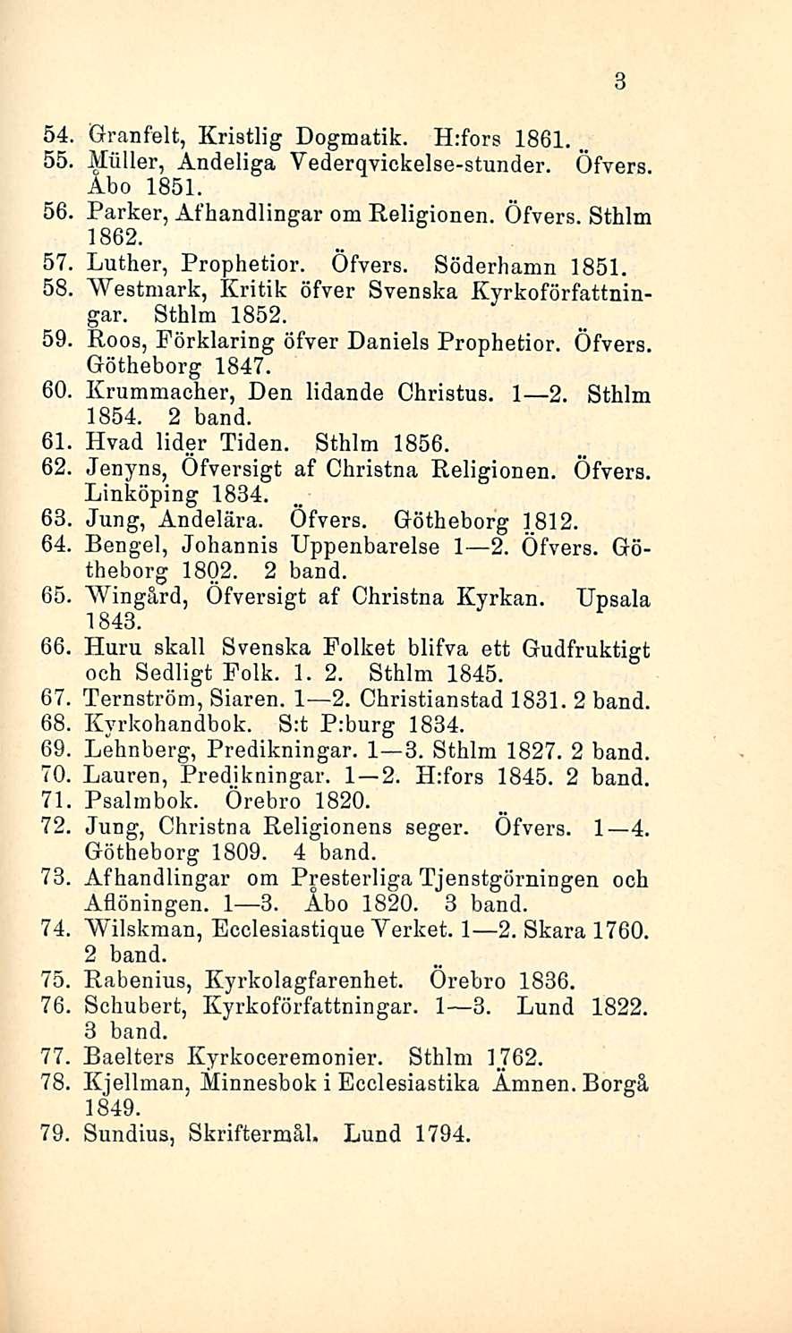3 54, Granfelt, Kristlig Dogmatik. H:fors 1861. _ 55, Miiller, Åndeliga Yederqyiekelse-stunder. Öfvers. Åbo 1851. 56, Parker, Afhandlingar om Religionen. Öfvers. Sthlm 1862. 57, Luther, Prophetior.