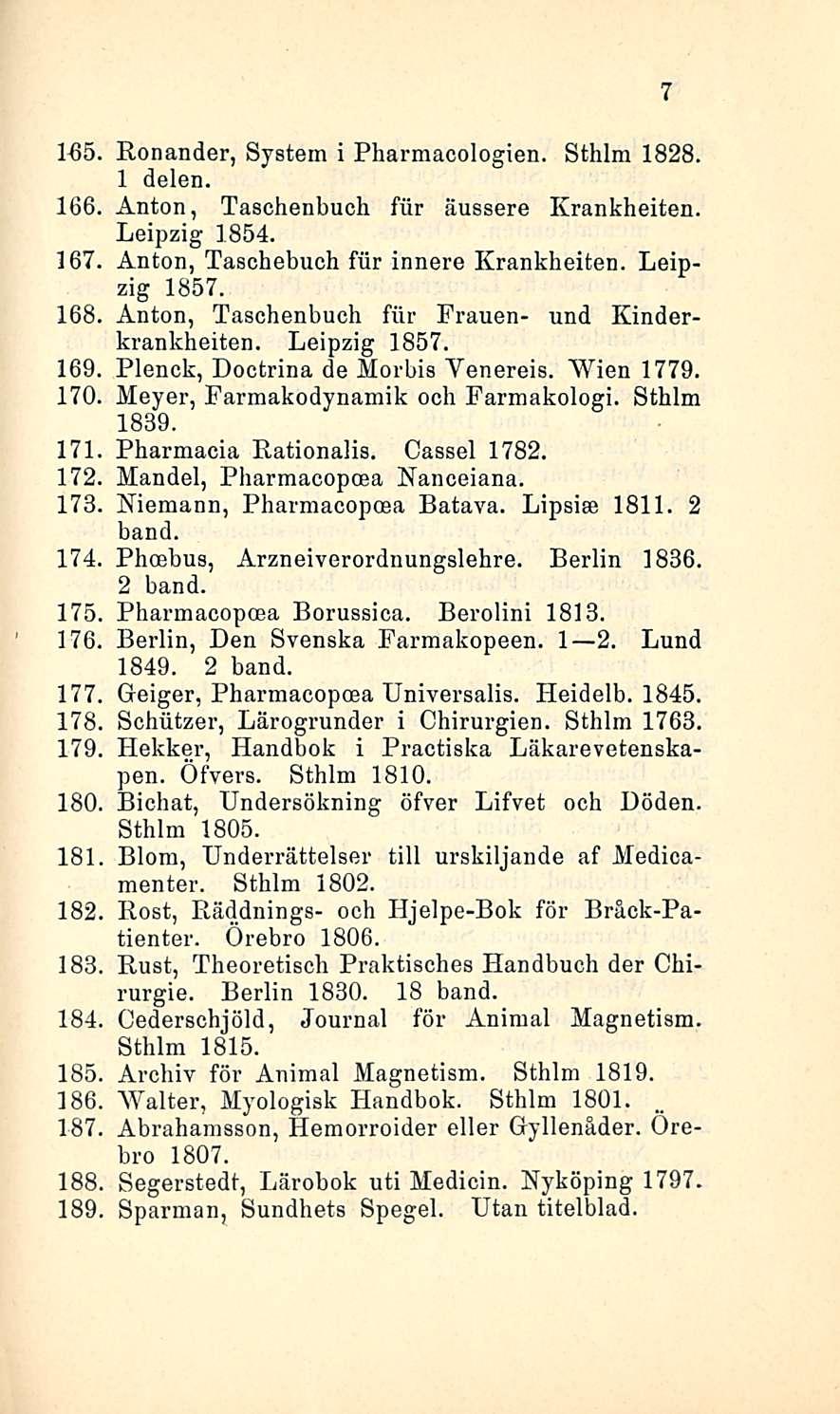 1-65. Ronander, System i Pharmacologien. Sthlm 1828. 1 delen. 166, Anton, Taschenbuch fur äussere Krankheiten. Leipzig 1854. 167 Anton, Taschebuch fur innere Krankheiten. Leipzig 1857.