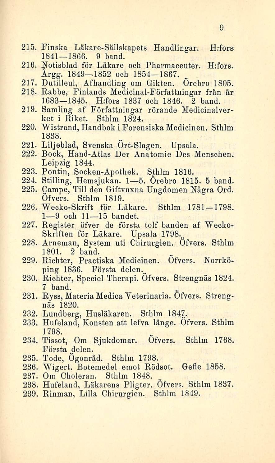 215. Finska Läkare-Sällskapets Handlingar. H:fors 1841 1866. 9 hand. 216. Notisblad för Läkare och Pharmaceuter. H:fors. Årgg. 1849 1852 och 1854 1867... 217 Dutilleul, Åfhandling om Gikten.