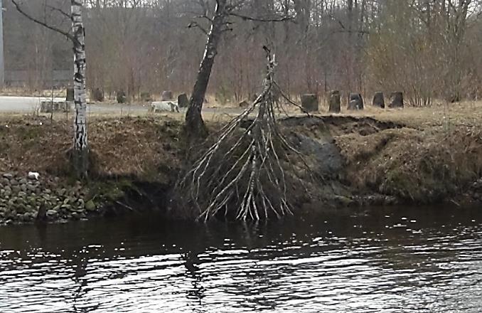 Skadan har inträffat i direkt anslutning där befintligt erosionsskydd kring bron avslutas.