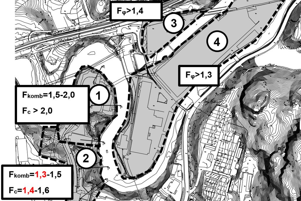 Glidytorna med lägsta säkerhetsfaktor mot brott är mycket begränsade och har en utbredning på ca 5-1 m, se Figur 21. Figur 21: Stabilitetsanalys för sektion G, dränerad analys. 6.4.