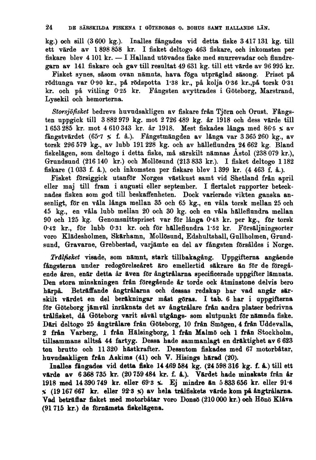 24 DE SÄRSKILDA FISKENA I GÖTEBORGS O. BOHUS SAMT HALLANDS LÄN. kg.) och sill (3 600 kg.). Inalles fångades vid detta fiske 3 417 131 kg. till ett värde av 1898 858 kr.