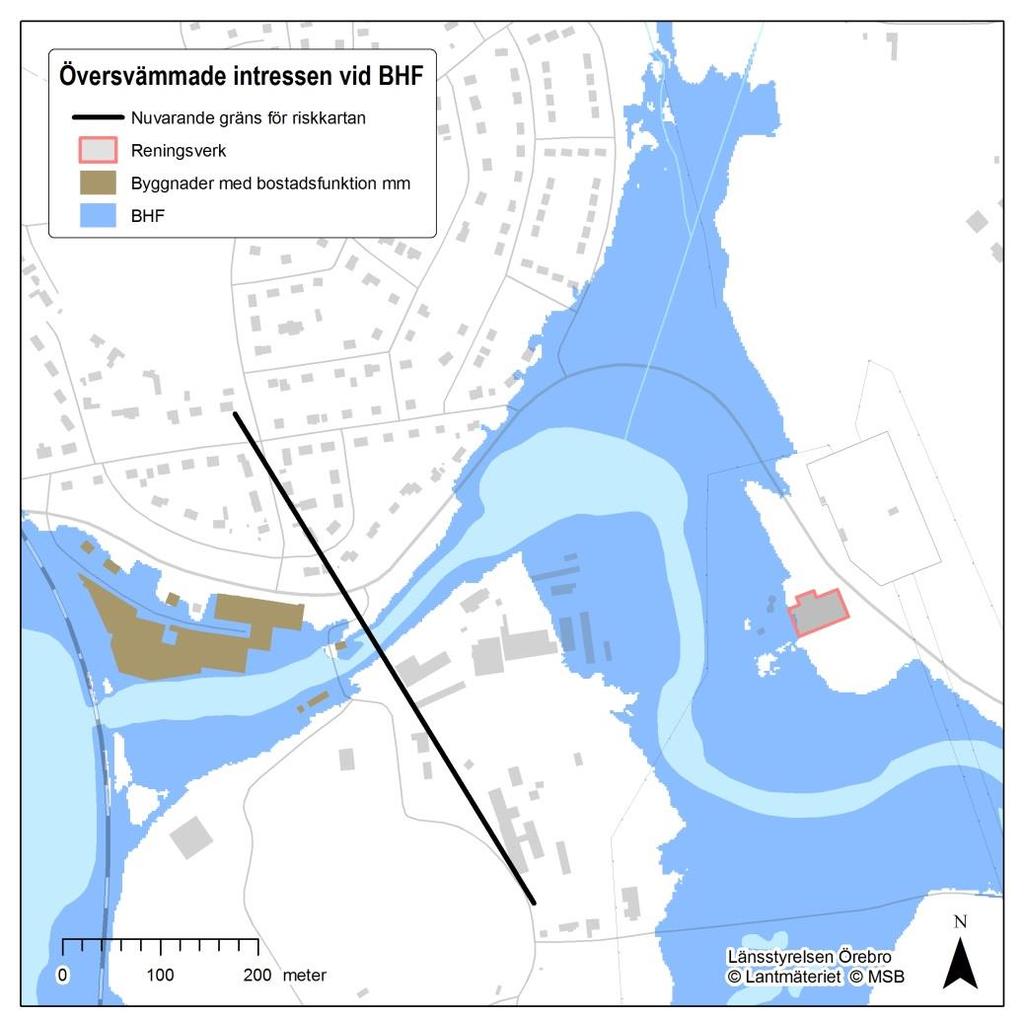 Figur 6. Ett urval av intressen i östra Lindesberg som påverkas av BHF. Lindesbergs avloppsreningsverk samt påverkat industriområde vid Dalkarlshytteån.