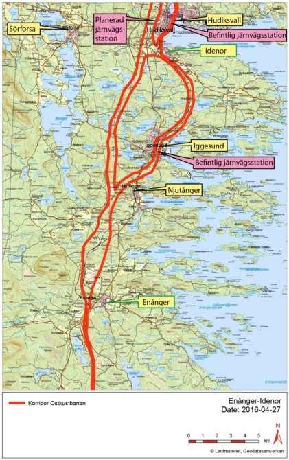 Västlig järnvägskorridor (Enånger Idenor) Den Västliga korridoren, etappen Enånger- Idenor, är något kortare än det östliga alternativet och kommer till stor del att anläggas på jungfrulig mark.