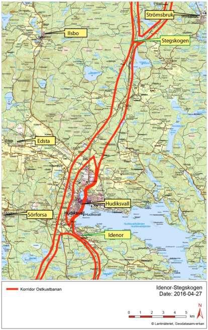 Östlig järnvägskorridor (Enånger Idenor) Den Östliga korridoren, etappen Enånger- Idenor, kommer till stor del byggas parallellt med det befintliga spåret.