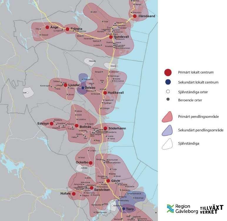 Figur 2.3.2-1. Tätorter som byggstenar i funktionella arbetsmarknadsregioner. Källa: Berglund L, Lagnerö M. 2015. Region Gävleborg, Tillväxtverket (WSP Analys & Strategi).