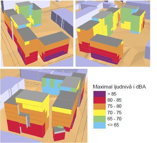 2015-11-26, sid 10 (19) Figur 5. Scenario 1: Maximal ljudnivå. Ljudnivåvärdena avser frifältsvärden. På vissa tak planeras takterrass.