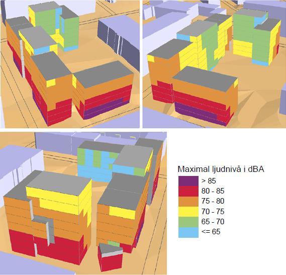 2015-11-26, sid 13 (19) Figur 8. Scenario 2: Maximal ljudnivå vid fasad. Ljudnivåvärdena avser frifältsvärden. På vissa tak planeras takterrass.