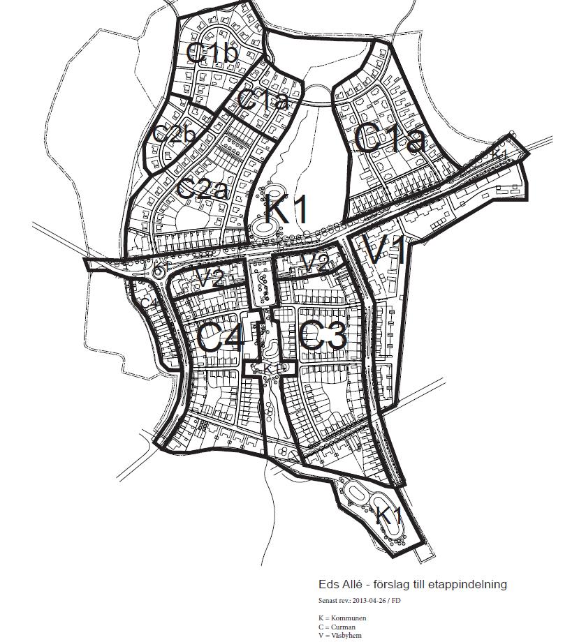 Efter det att detaljplanen vunnit laga kraft och fram till genomförandetidens start för kvartersmark ska kommunen bygga ut etapp K1 (ledningar för vatten- och avlopp, huvudleder, parkstråk m.m.).