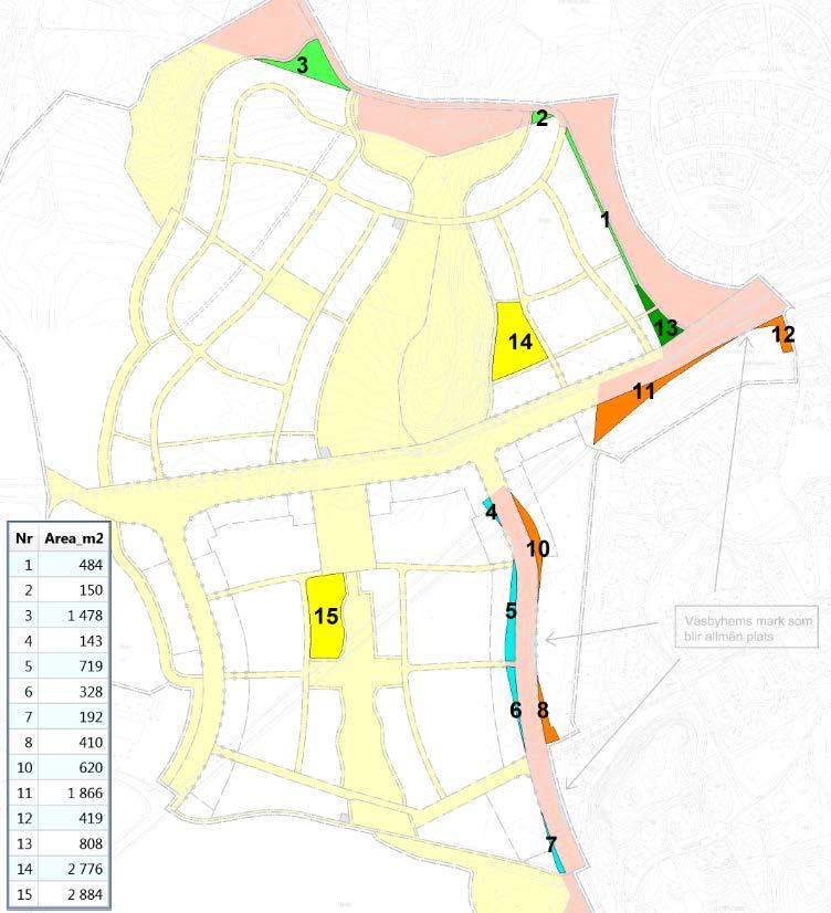 Fastighetsbildning I detaljplanen är vissa områden utlagda som allmän plats (områden markerade med ljusgul ytfärg på kartan nedan).