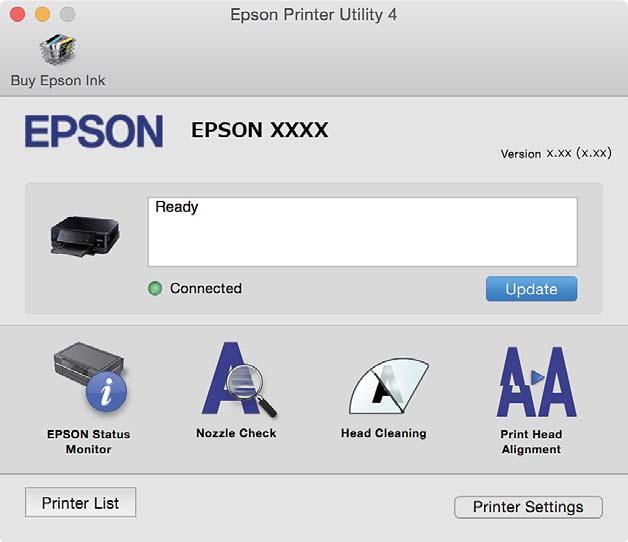 Nätverkstjänst och programvaruinformation I Mac OS X v10.8.x och senare har Epsons skrivardrivrutin inte installerats på rätt sätt om menyn Utskriftsinställningar inte visas.