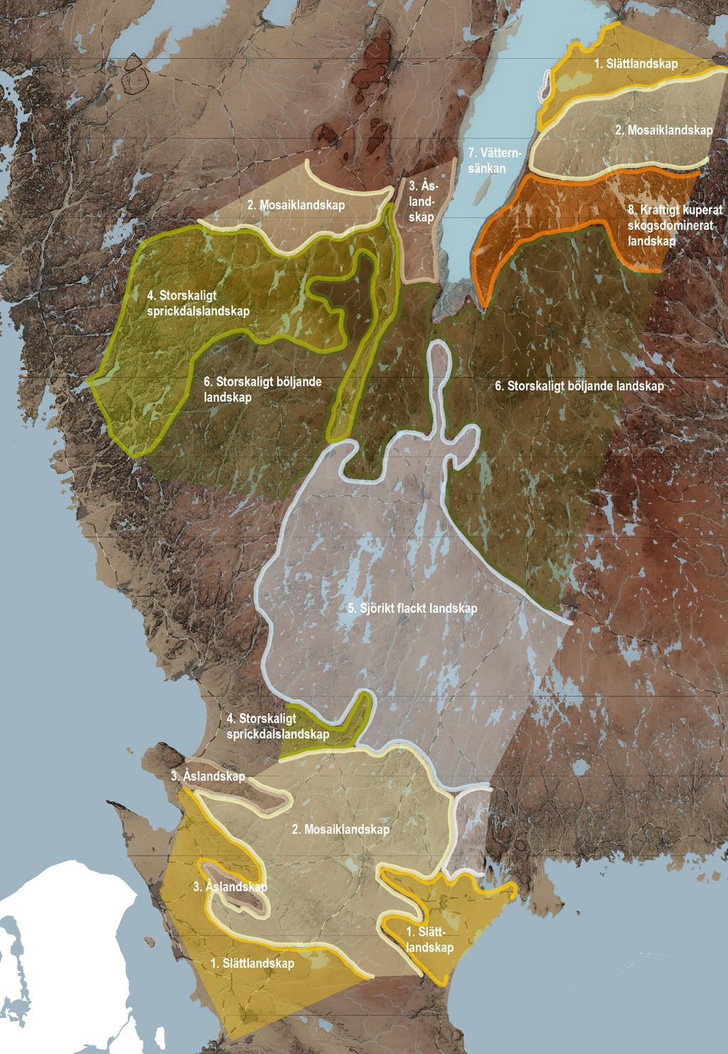 Södra Sverige indelat i landskapstyper.