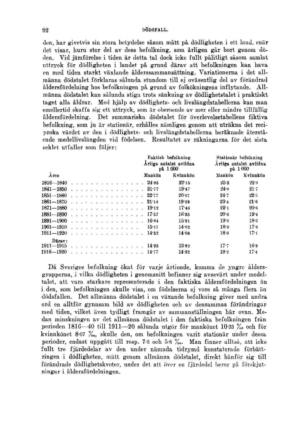 92 DÖDSFALL. den, har givetvis sin stora betydelse såsom mått på dödligheten i ett land, enär det visar, huru stor del av dess befolkning, som årligen går bort genom döden.