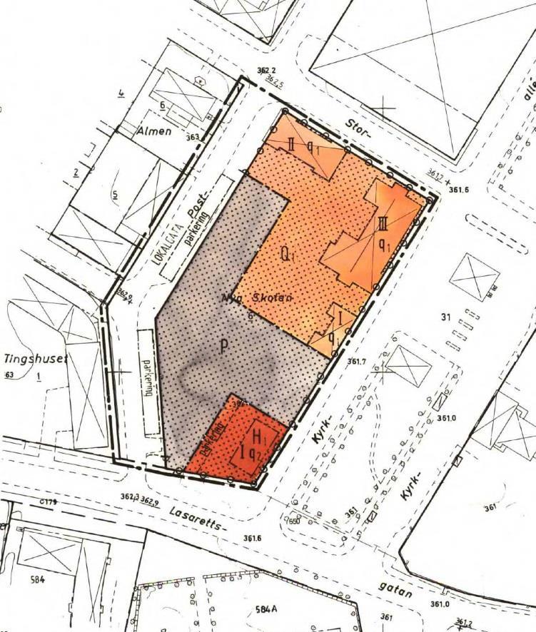 Fig 1. Gällande detaljplan för kvarteret Nya skolan. Övre delen av kvarteret är avsatt som kulturreservat Q, centrala delen av avsatt till parkering och den sydöstra delen är avsatt som handelsområde.