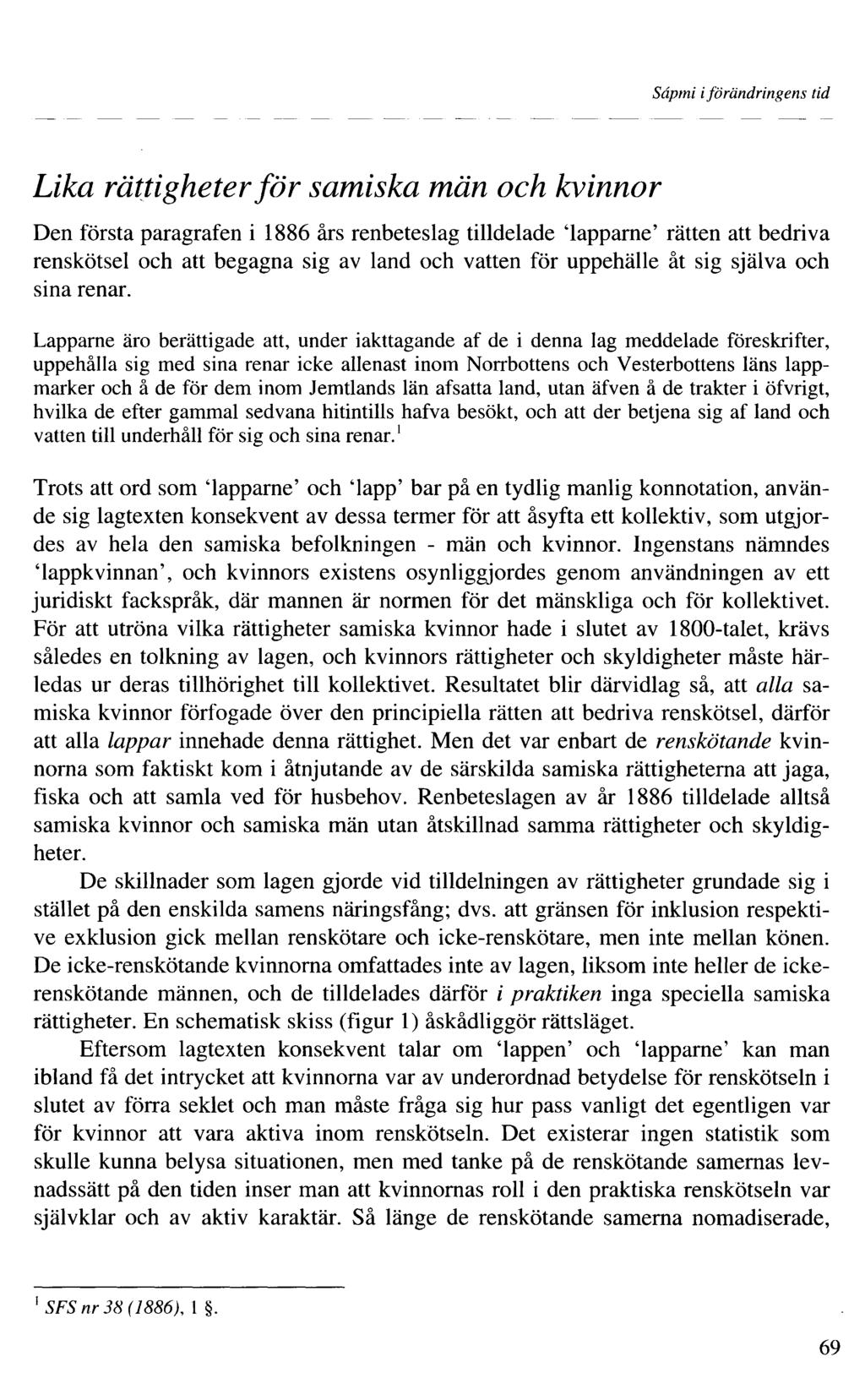 Sâpmi iförändringens tid Lika rättigheter för samiska män och kvinnor Den första paragrafen i 886 års renbeteslag tilldelade 'lapparne' rätten att bedriva renskötsel och att begagna sig av land och