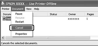 Dubbelklicka på skrivarikonen i aktivitetsfältet. Välj jobb i listan och klicka sedan på ancel (Avbryt) på menyn Document (Dokument).