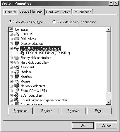 Om drivrutinerna har installerats korrekt bör EPSON USB Printer Devices (EPSON