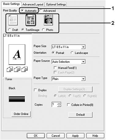 När Automatic (Automatisk) har valts på fliken Basic Settings (Grundinställningar) sköter skrivardrivrutinen alla detaljerade inställningar enligt de inställningar du väljer.