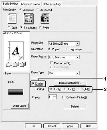 2. Markera kryssrutan Duplex (Dubbelsidig utskrift) och markera sedan Left (Vänster), Top (Överst) eller Right (Höger) som fästposition. 3.