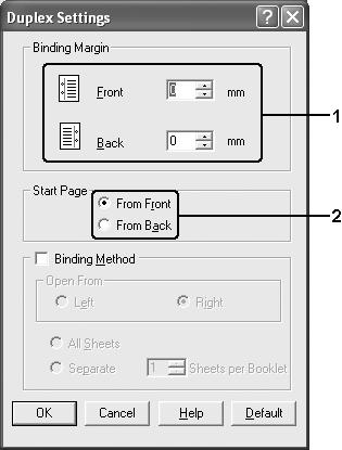 . Ange inställningen för Binding Margin (Fästmarginal) för papperets fram- och baksida, och välj sedan om papperets fram- eller baksida ska skrivas ut som startsida. 5.