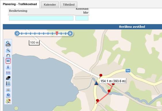4,6 Objektplanering I samband med att trafikkostnader registreras i objektplaneringen kan kartan anropas för att mäta ut avstånd för eventuell omdirigering av trafiken.