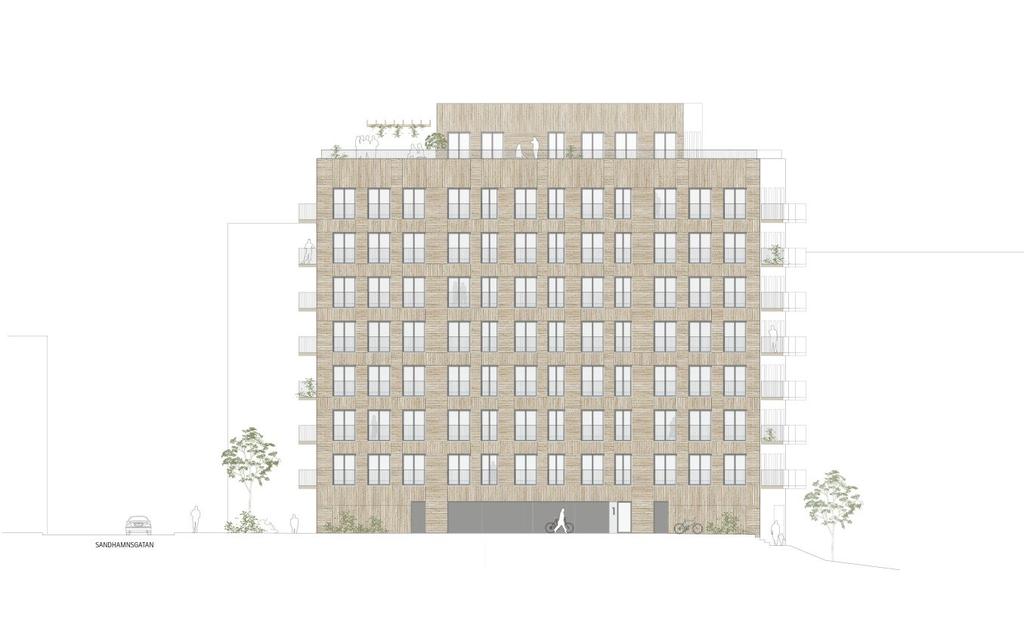 Sida 20 (35) Fasad mot gård (öster) Bottenvåning och entréer Entréplanet föreslås utföras med glaspartier mot Värtavägen, Sandhamnsgatan och torget samt till viss del på norra gaveln.