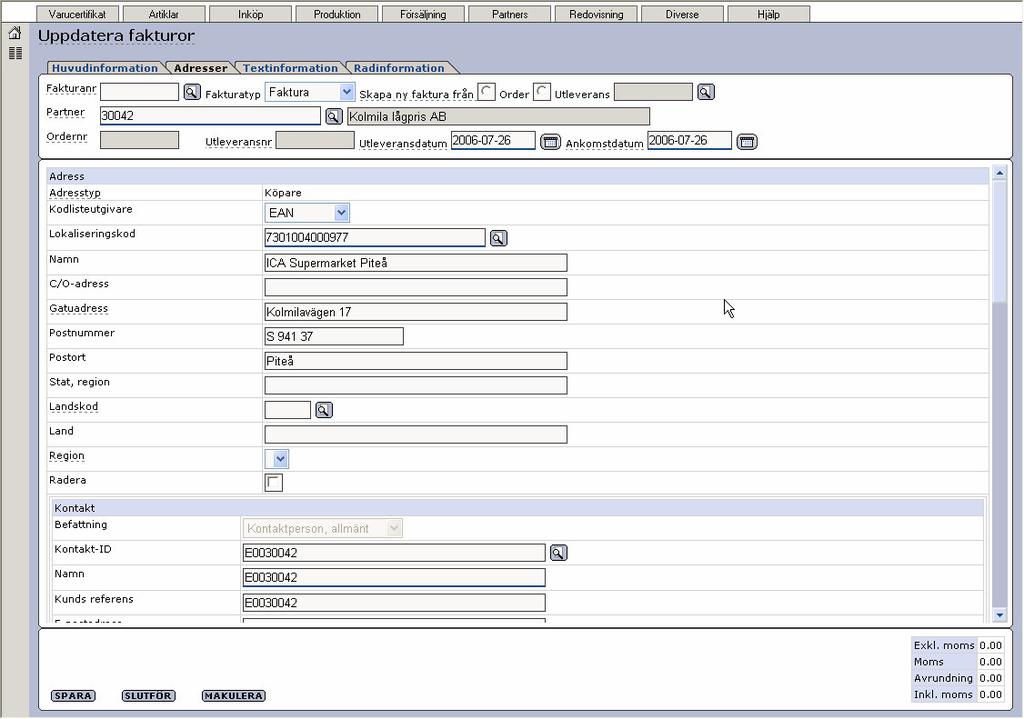 Senast uppdaterat: 07-10-0202 Exder efaktura sida 17 av 29 Under fliken Adresser ser vi att fakturan har en köparadress och en leveransadress för butiken med