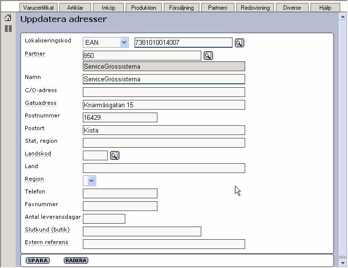 Uppdatera adresser Under menyn Partner Uppdatera adresser lägger ni upp de adresser som ni använder.