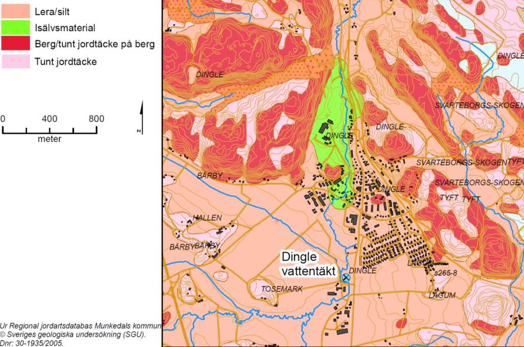 3.2 Geologi Den geologiska dokumentation som finns för området kring Dingle vattentäkt är SGU:s regionala jordartskarta i skala 1:250 000, se Figur 6.
