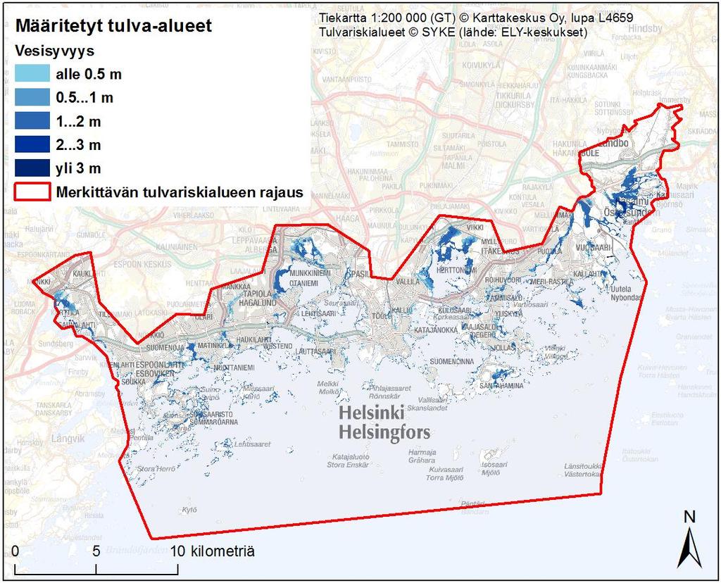 Bild 1. Området med betydande översvämningsrisk i Helsingfors och Esbo. Översvämningsområdet på kartan visar ett låglänt område som kan vara översvämningshotat.
