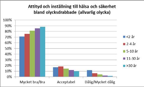 I gruppen med mindre än två yrkesverksamma år och som aldrig råkat ut för en allvarlig arbetsplats olycka ansåg samtliga att de hade en bra eller mycket bra inställning till hälsa och säkerhet.