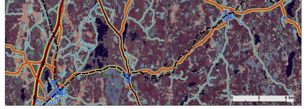 Påverkan i modelleringen avtar linjärt med avstånd från en zon runt källan och ingen hänsyn har här tagits till topografi eller miljö.