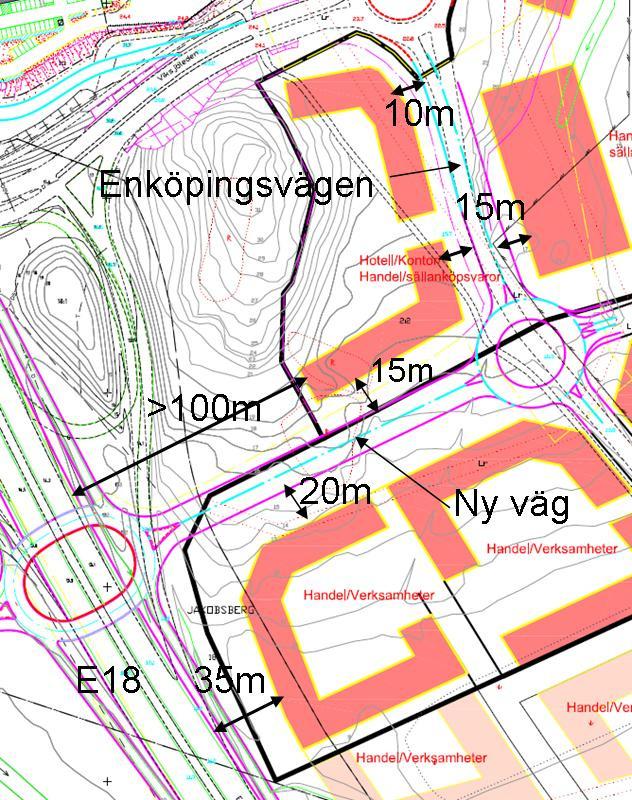 Figur 3.2 Avstånd mellan planerad bebyggelse och primär (E18) samt sekundär (Ny väg och Enköpingsvägen) transportled för farligt gods.