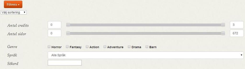 Figur 10: Filtrering i boklistorna För boklistorna finns det en användarberättelse där det står att användaren ska kunna filtrera böckerna baserat på vilken genre denne är intresserad av.