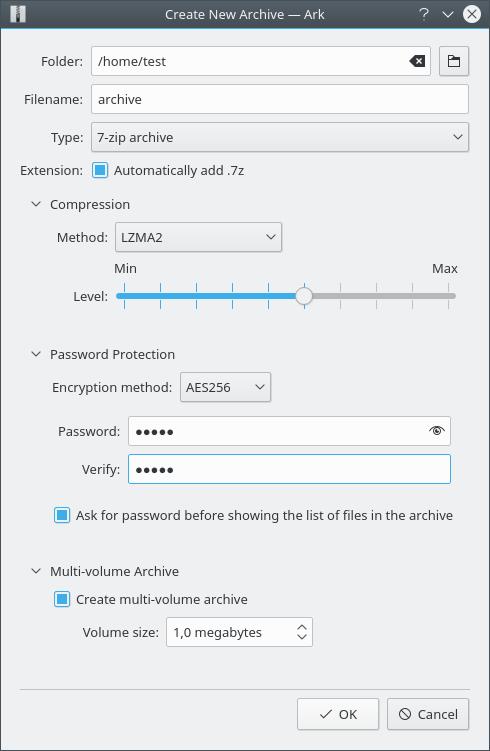 Välj om lösenordet ska efterfrågas innan listan med filer visas. Det senare kallas huvudkryptering och är bara tillgängligt med formaten rar och 7zip.