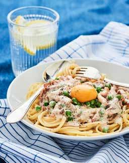 4 portioner Tid: ca 30 min 4 portioner spaghetti ca 350 g skivat bogfläsk 1 tsk olja 2 1/2 dl matlagningsgrädde 1 tsk majsstärkelse 250 g små gröna ärtor salt och peppar 4 ägg Pasta carbonara 1.